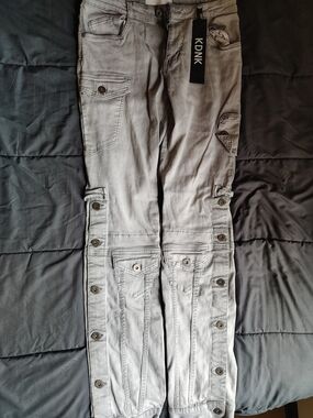 KDNK Men’s Gray Cargo Pants with Button-Trim Details